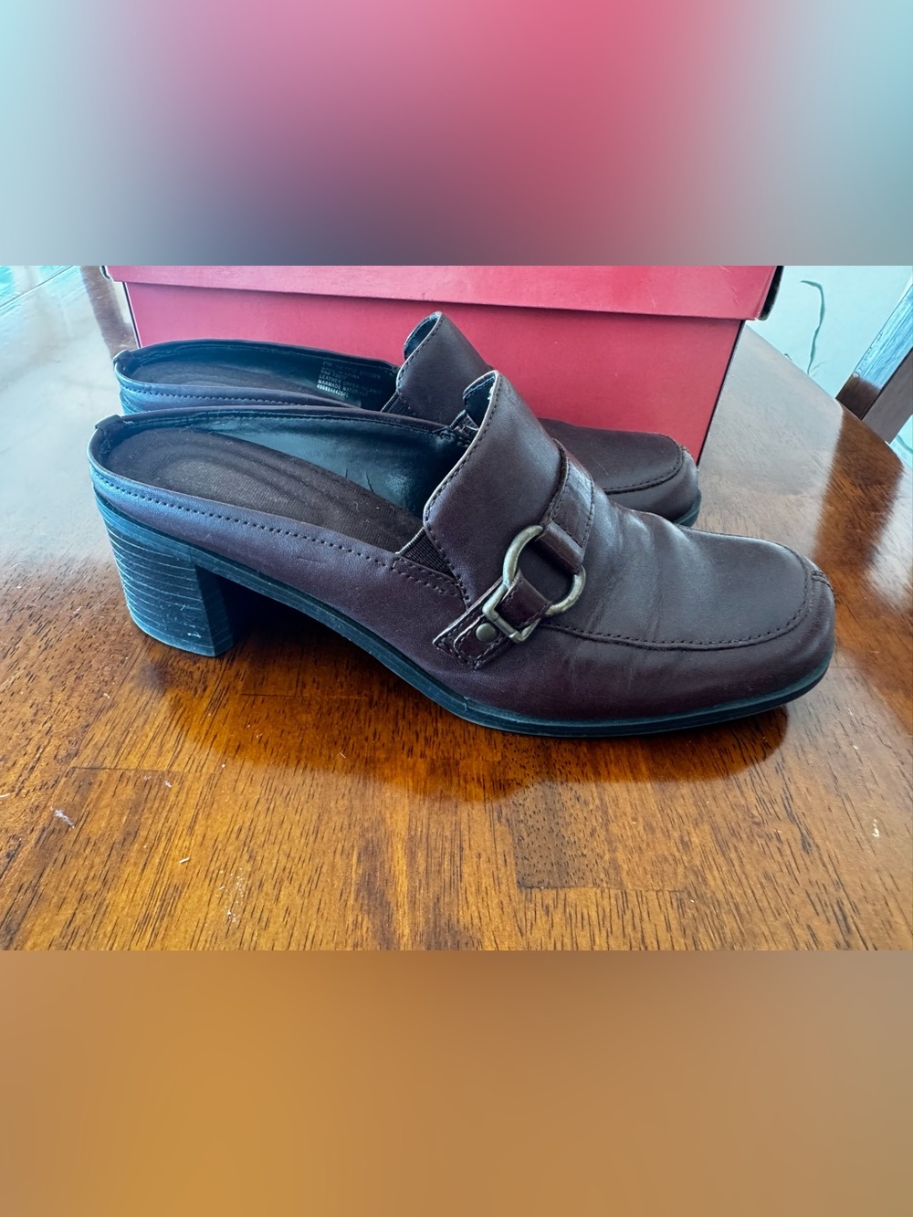 croft & barrow Brown Leather Slip-On Mule Heels with Buckle